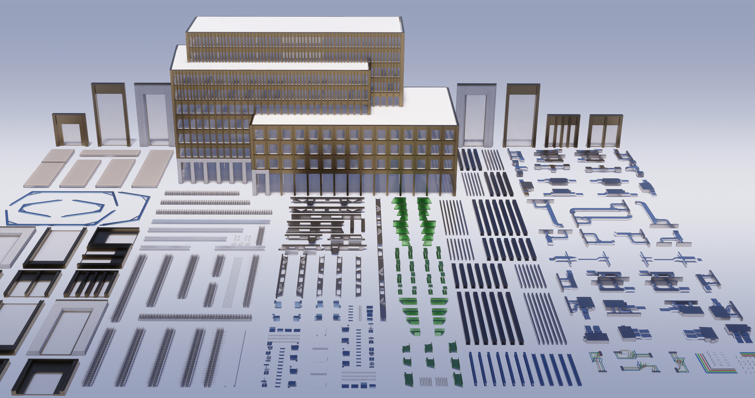 P-DfMA, kit of parts architecture in action at The Forge commercial office building in London. Designed by Bryden Wood.