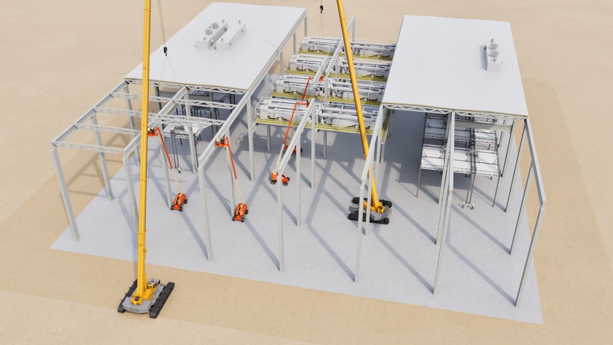 3D rendering of a prefabricated battery plant under construction, showing cranes and equipment installing modular components within a steel-framed structure.