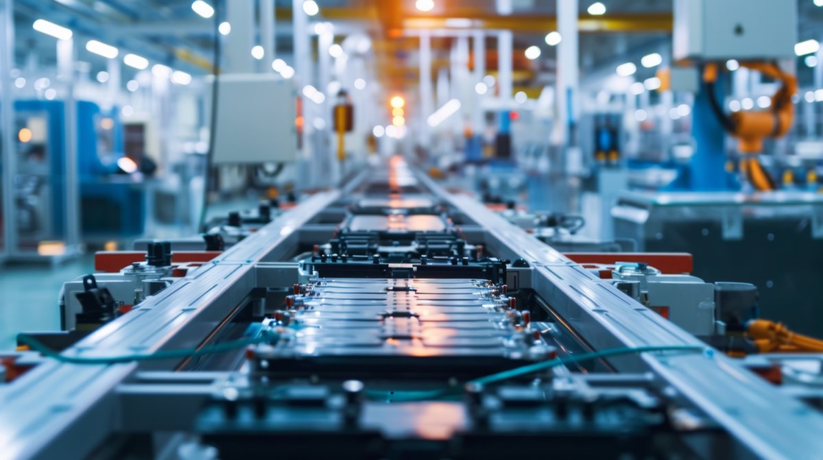 Close-up of an automated assembly line in a battery manufacturing plant, showcasing advanced machinery and precision engineering