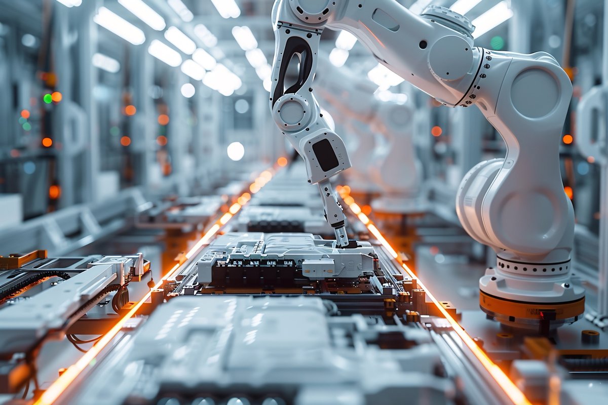 Robotic arm working on an EV battery assembly line in a high-tech battery plant, highlighting innovation and automation in manufacturing.