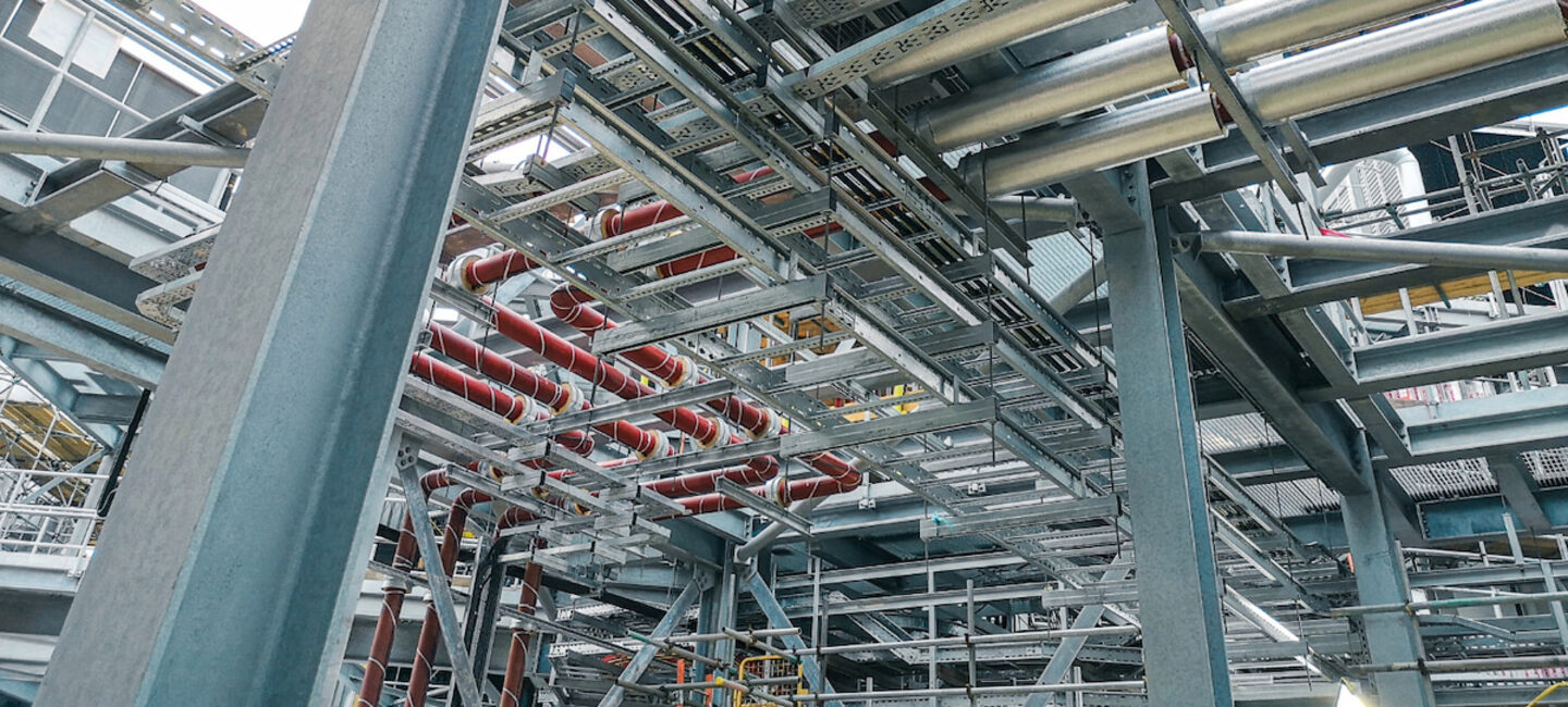 Fuel piping gantry, data center services by Bryden Wood