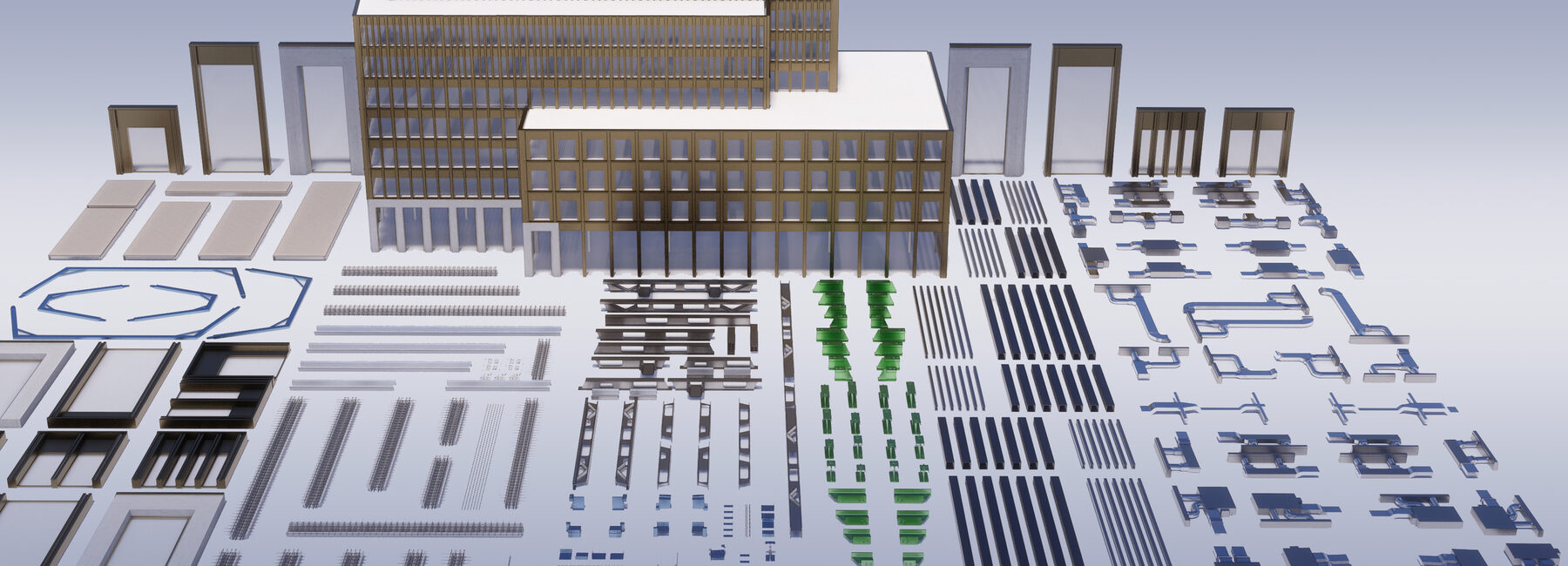 P-DfMA, kit of parts architecture in action at The Forge commercial office building in London. Designed by Bryden Wood.