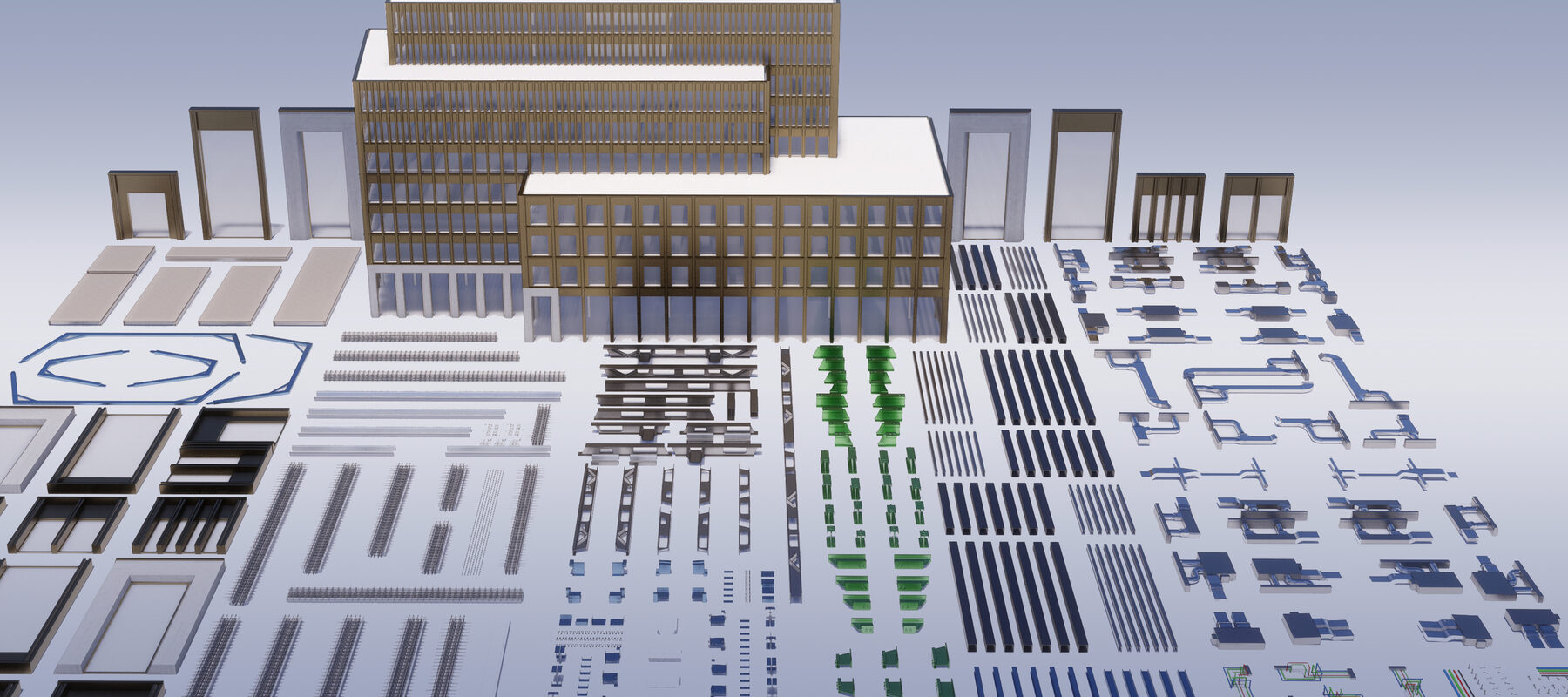 P-DfMA, kit of parts architecture in action at The Forge commercial office building in London. Designed by Bryden Wood.