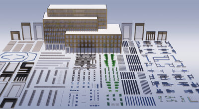 P-DfMA, kit of parts architecture in action at The Forge commercial office building in London. Designed by Bryden Wood.