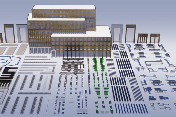 P-DfMA, kit of parts architecture in action at The Forge commercial office building in London. Designed by Bryden Wood.