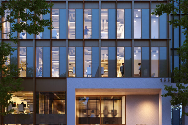 The Forge entrance, Bryden Wood and Landsec's P-DfMA net zero carbon office building