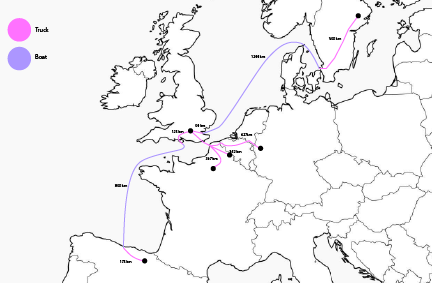 Map showing transportation routes for engineered timber from Europe to the UK, highlighting road and boat transportation distances between key locations.